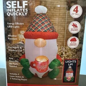 4ft Holiday Inflatable GNOME w/Mug LED Christmas Light Outdoor Lawn Decor